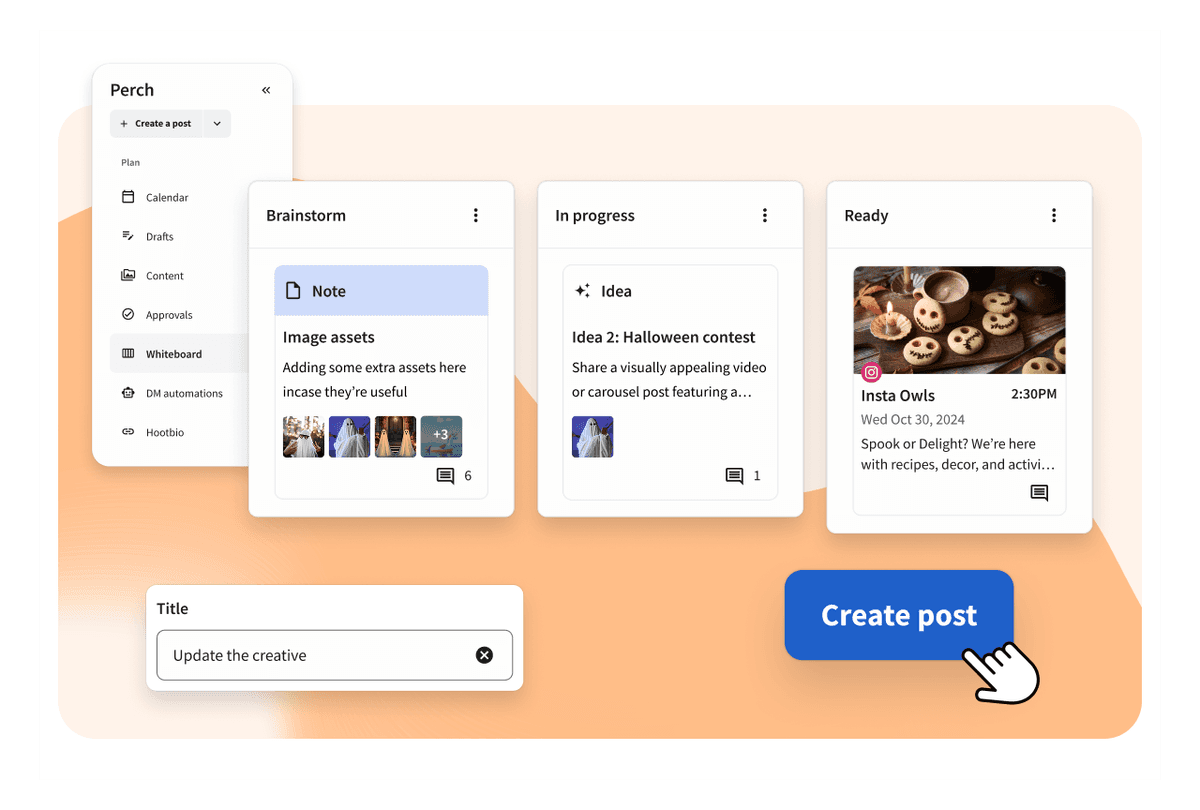 A content management dashboard showing a Kanban board with Brainstorm, In Progress, and Ready columns, and a Create Post button.