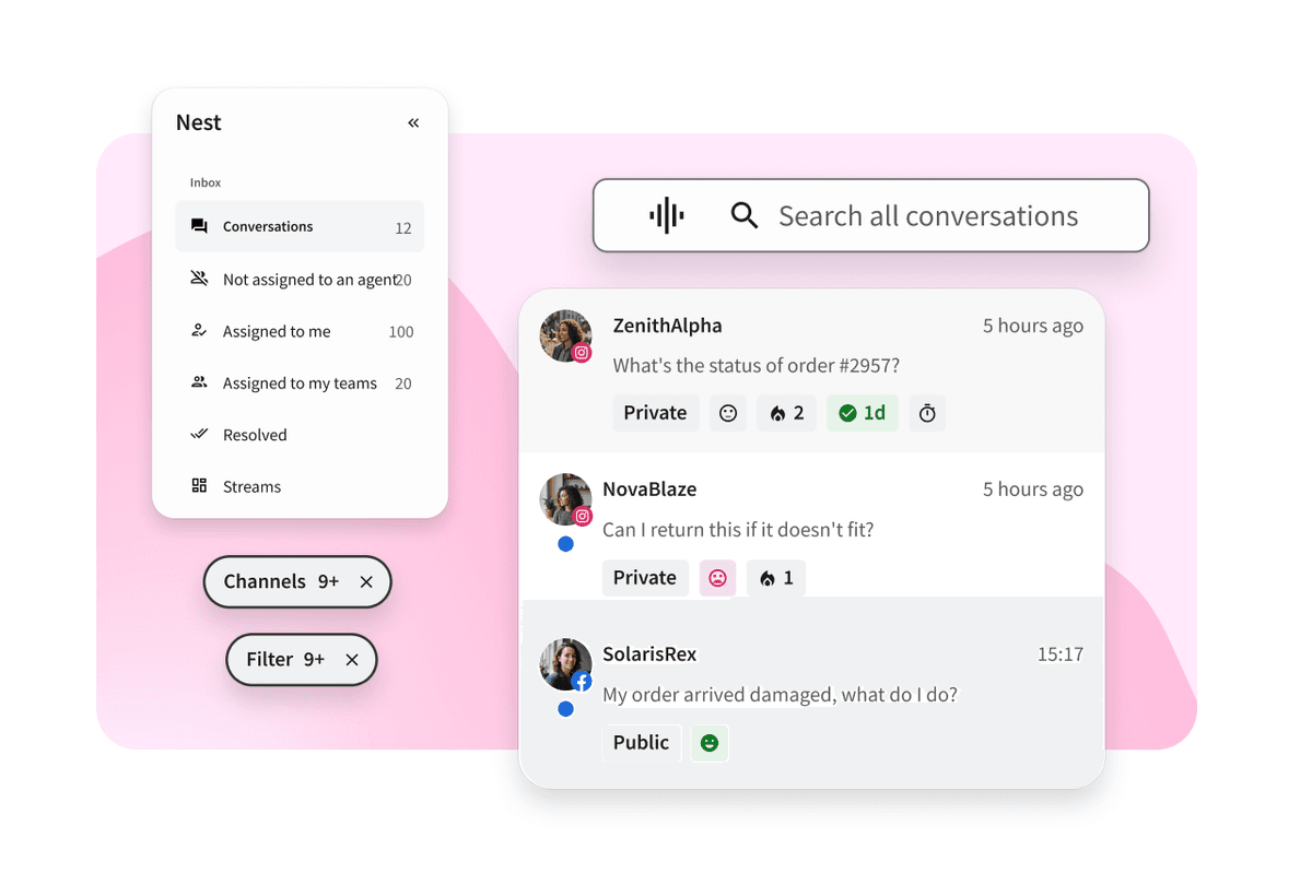 Social media inbox interface showing shared conversations, message about student loans, and auto-responder options