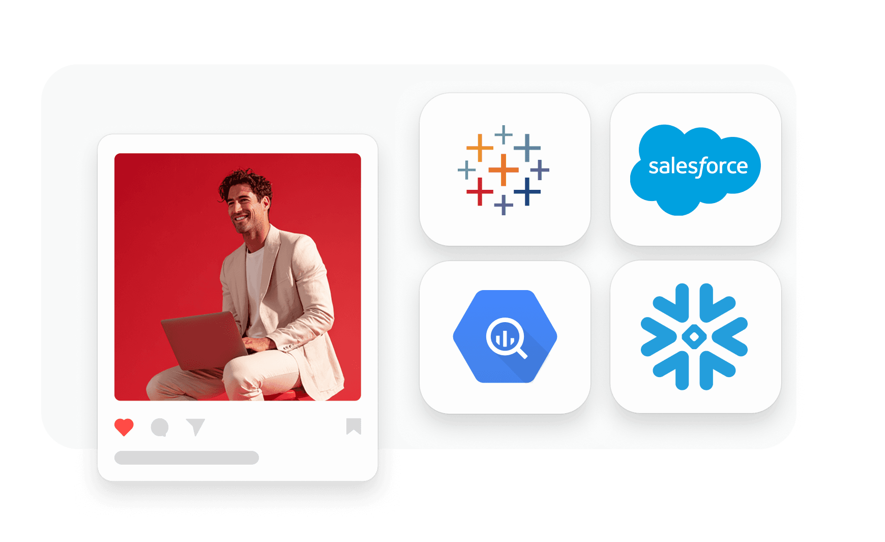 A man with a laptop on a social media post beside logos for Tableau, Salesforce, Google BigQuery, and Snowflake.