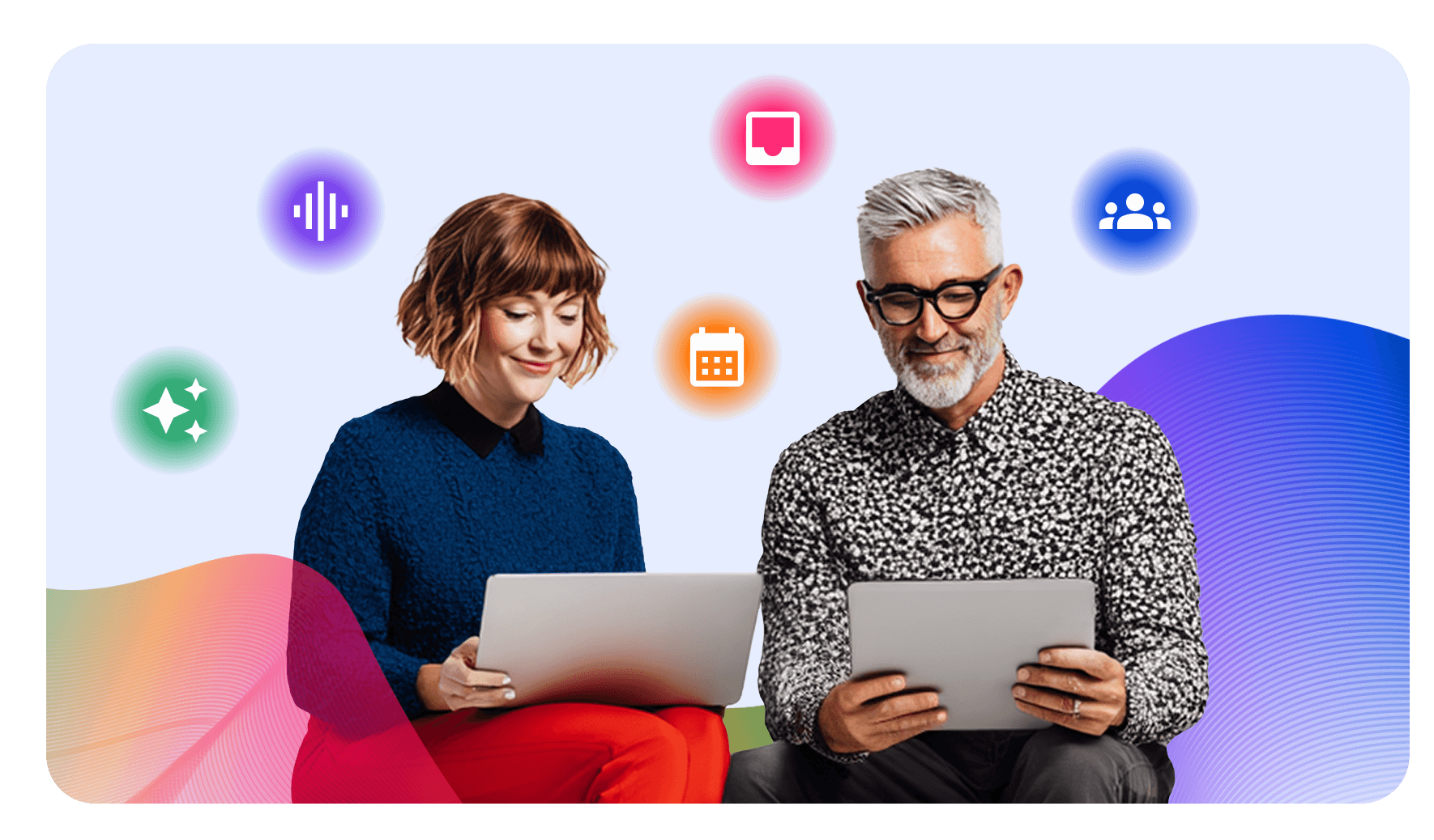 Two colleagues using a laptop and tablet, surrounded by colorful app icons on a light blue background.